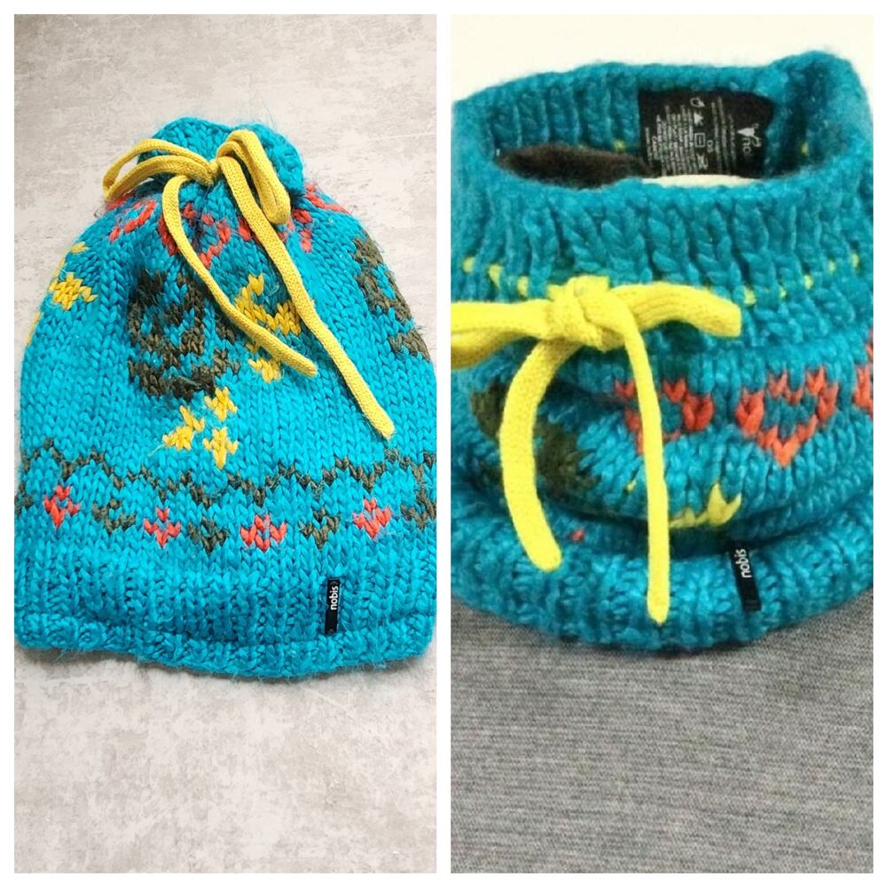 Nobis Convertible Slouchy Hat Scarf Blue Chunky Knit Fleece Lined Fair Isles 90s